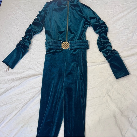 Chicme Velvet Zipper Ruched Longsleeve Jumpsuit Elastic Waistbelt Green Size M - Picture 8 of 12